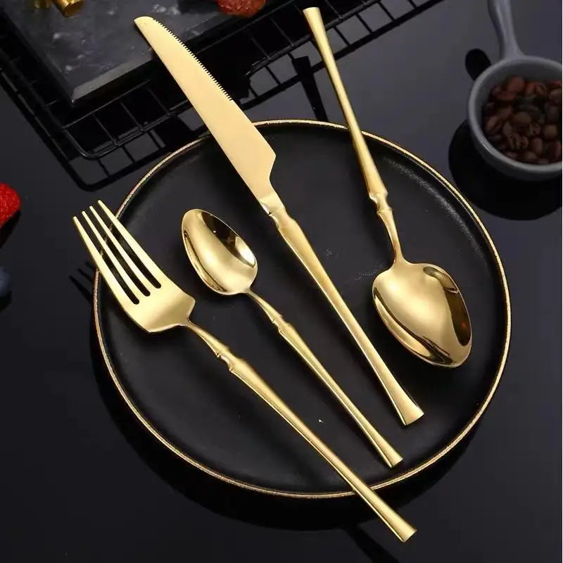 New Slim Canton Tower Handle Stainless Steel Luxury Cutlery Set with Matte/Mirror PVD Gold Finish Dishwasher Safe
