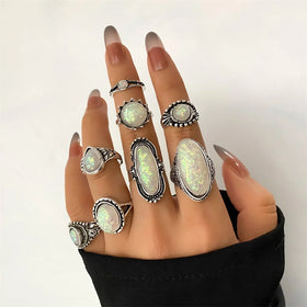8Pcs/Set Vintage Gemstone Ring Set for Women Jewelry Wholesale