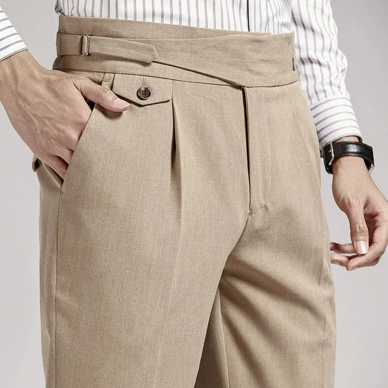 Men's Cropped Khaki Straight Leg Business Casual Pants High Waisted Slim Fit Western Button Decoration Plain Dyed Terry Material