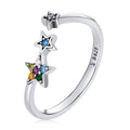 Genuine 925 Sterling Silver Rainbow Crystal Female Little Star Adjustable High Jewelry Ring