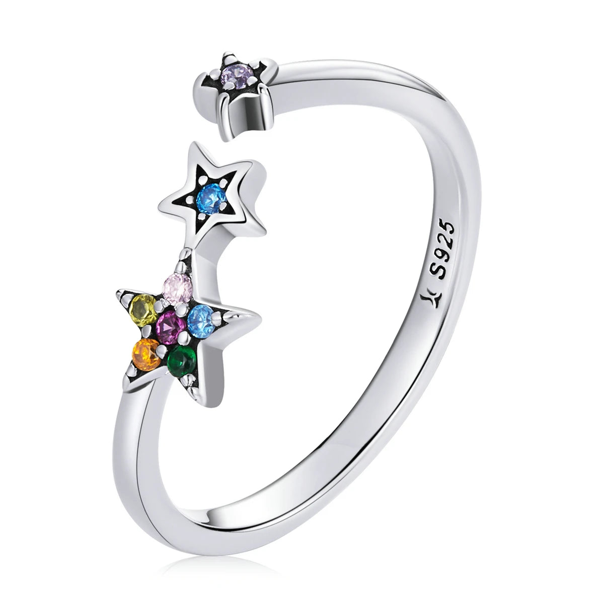 Genuine 925 Sterling Silver Rainbow Crystal Female Little Star Adjustable High Jewelry Ring