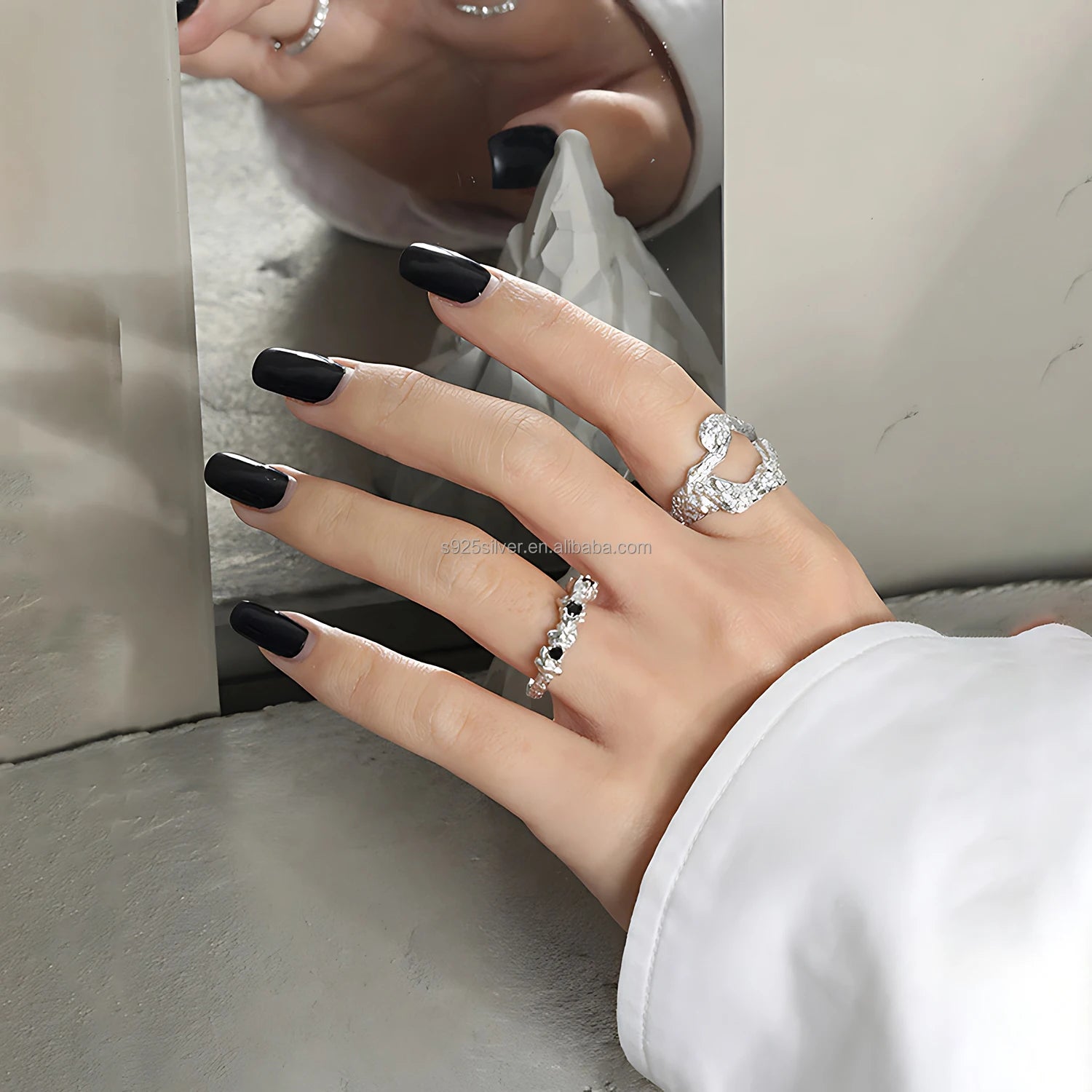925 Sterling Silver Molten Texture Open Ring with Black Zircon Adjustable Organic Sculptural Band Jewelry for Women