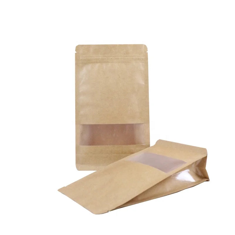 Customized Brown Kraft Paper Bags with Translucent Window Biodegradable Recycled Stand-Up Pouches for Dry Food Packaging