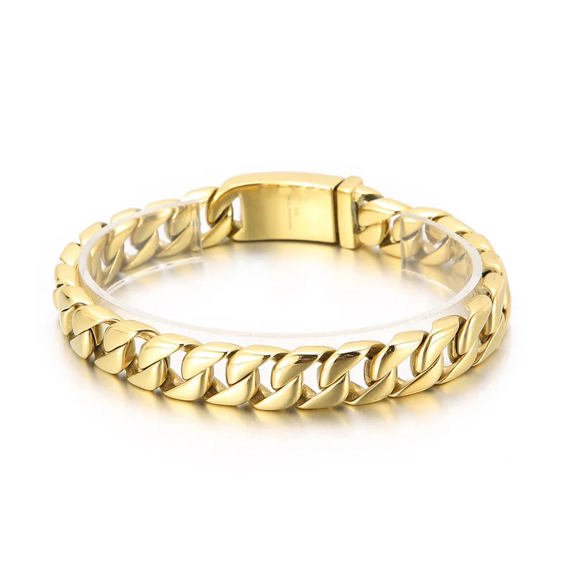 12mm Wide Chain Solid Gold Stainless Steel Biker Jewelry Bracelets Bangles for Men