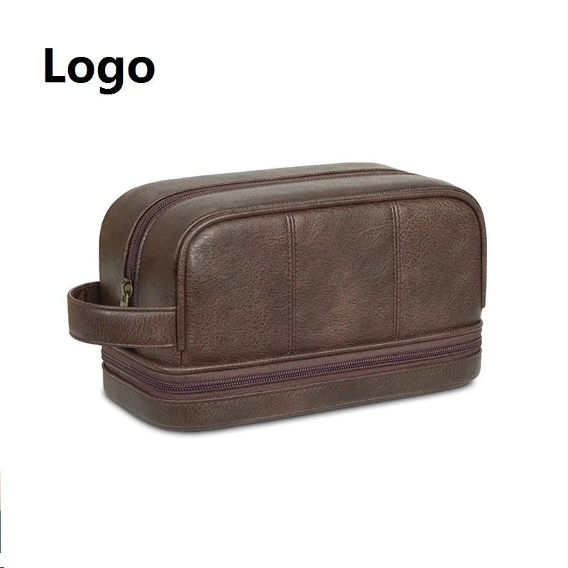 Wholesale Retro Waterproof Pu Leather Cosmetic Bag Lightweight Custom Travel Washing Bag Handheld Toiletry Bag for Men