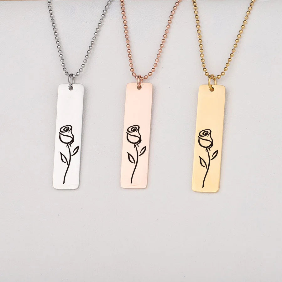 Personalized Customization Necklace Gold Engraving Vertical Stainless Steel Design Beads Chain Pendant Bar Laser Logo Necklace