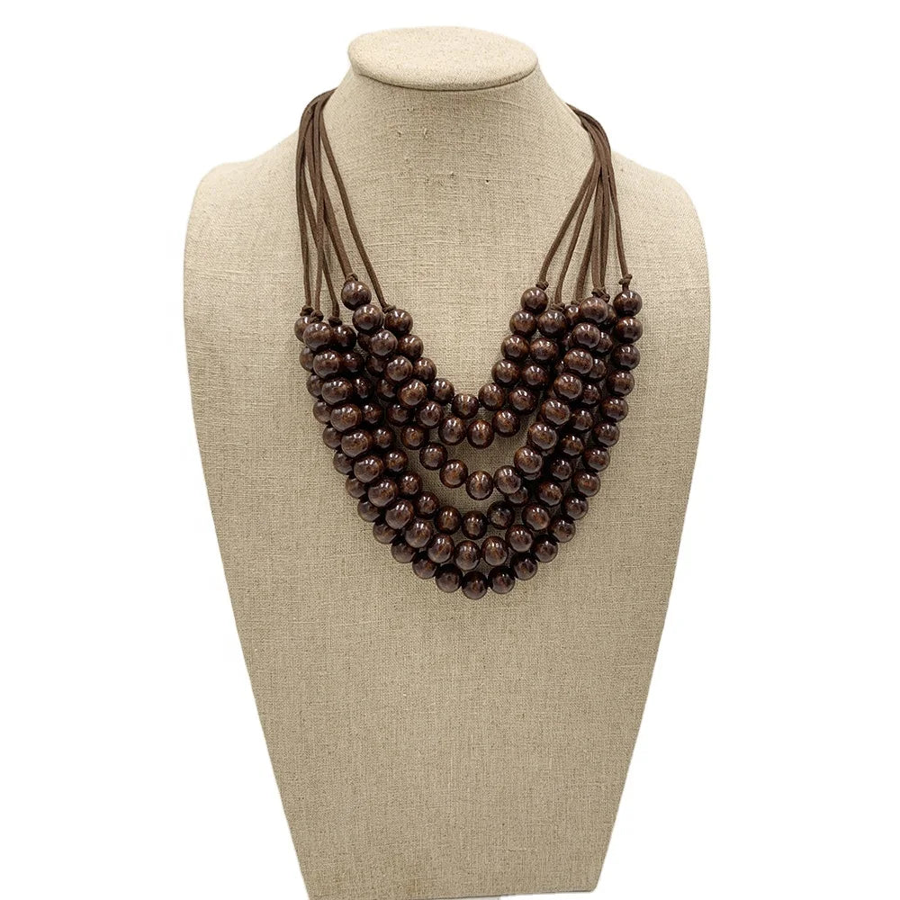Vintage Trendy Multi-Row Suede Round Smooth Wood Beads Necklace Natural Neutral Color Multiple Layers