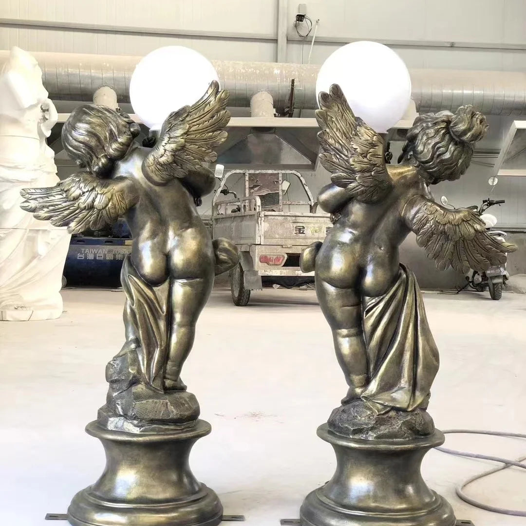 Family Decorative Metal Angel Bronze Sculpture with Light Ornaments Casting Technique Art & Collectible