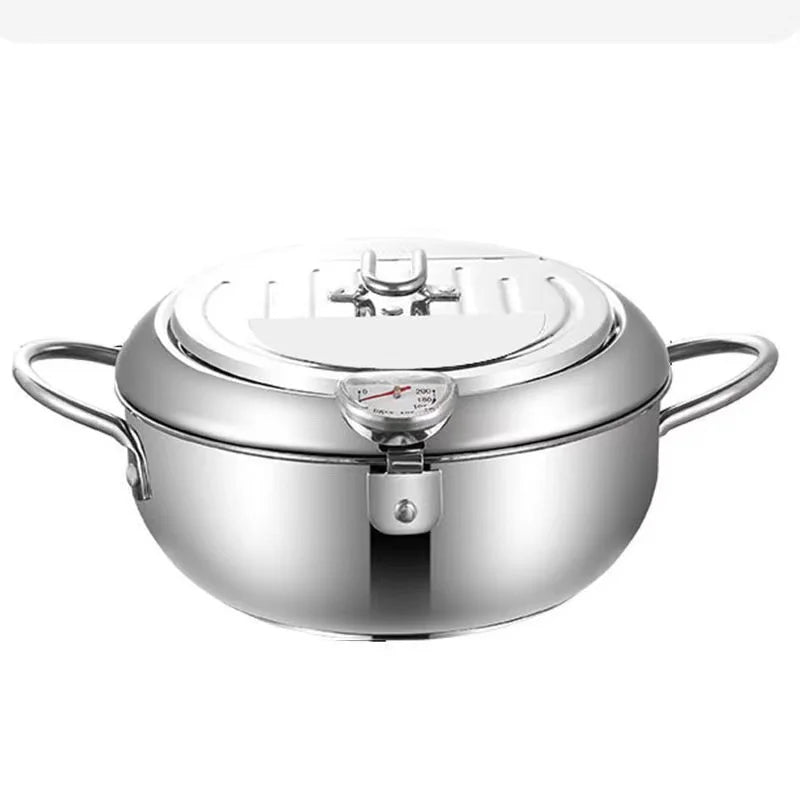 304 Stainless Steel Deep Fry Pot with Temperature Control and Lid Japanese Style Tempura Fryer Pan