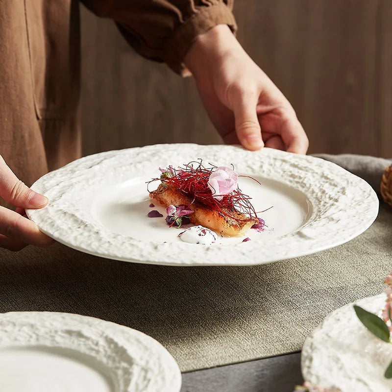 Embossed White Ceramic Plates for Home Restaurant and Bakery Italian French Style Tree Age Shape Dishes & Plates for Home Use