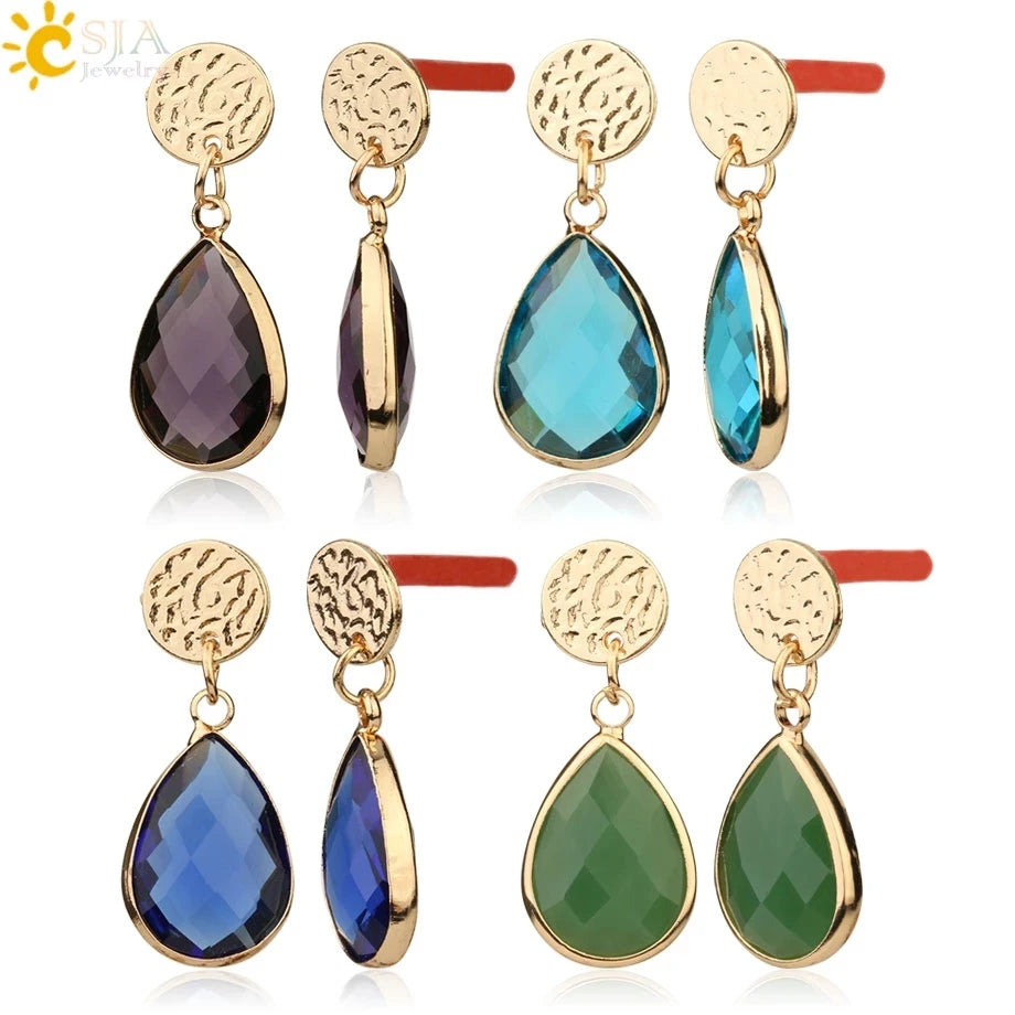 CSJA Wholesale Gold Color Water Drop Glass Bead Crystal Quartz Fashion Stud Earrings for Women G176
