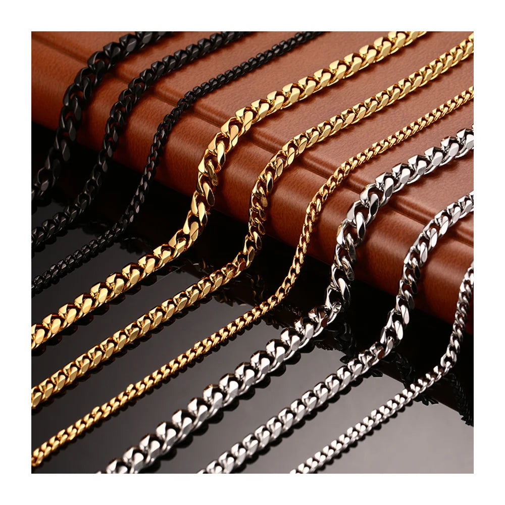Wholesale 3 5 7MM 3 Colors Non Tarnish 18k Gold Plated Stainless Steel Cuban Link Chain Necklace for Men Women