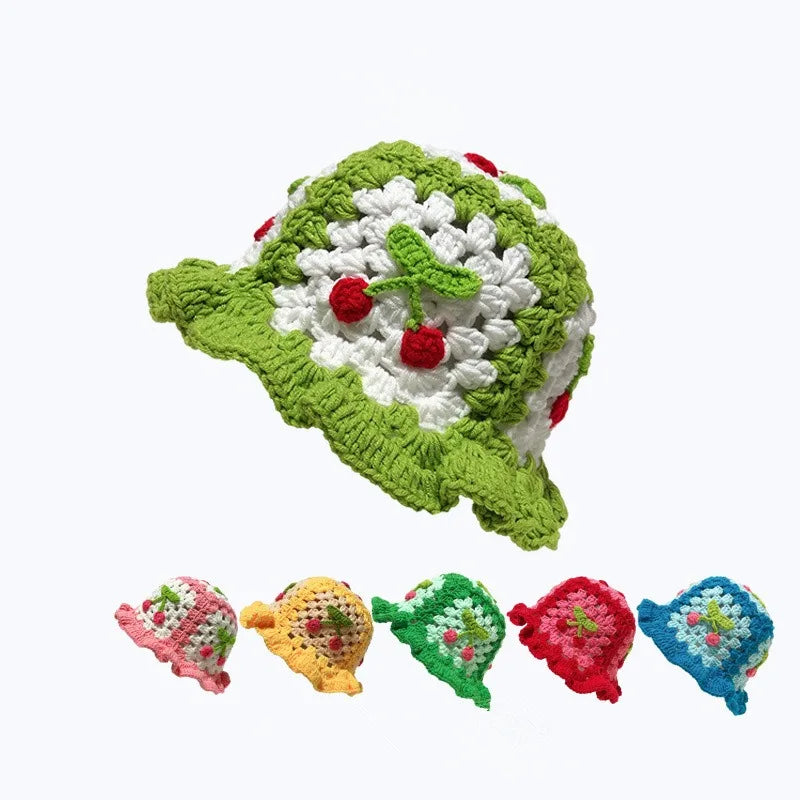 Round Brim Beautiful Cherry Handmade Crochet Bucket Hat Knit Floral Bucket Hat Sun Protective Hat Hand-knitted Cap with Flowers