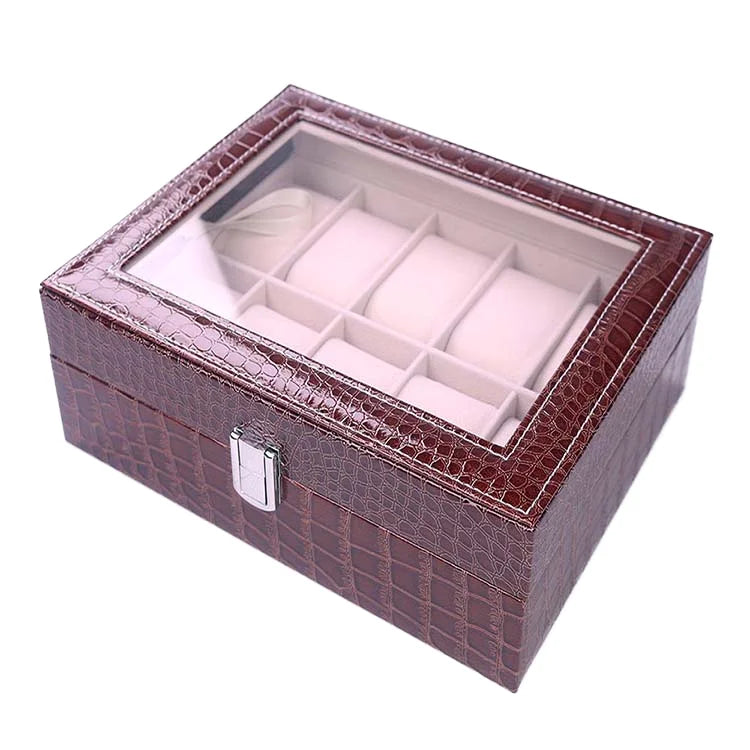 OEM Luxury 10-Slot Brown Crocodile PU Leather Protective Watch Display Case Buckle Closure Suede Lining Customizable Storage Box