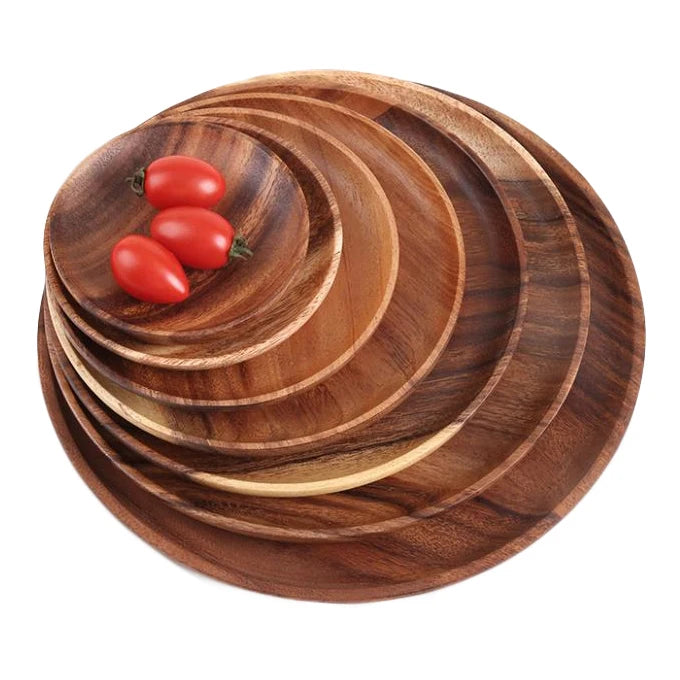 CNLF Natural Wooden Kitchenware Eco-Friendly Reusable Acacia Wood Plate Dinnerware Personalized Thick Food Serving Products