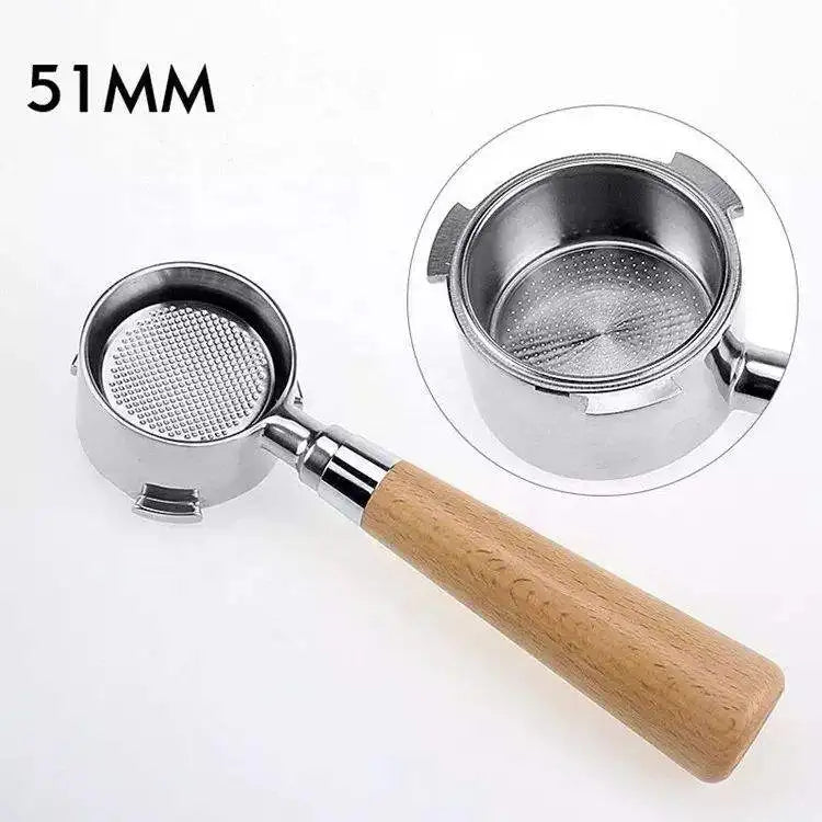 Custom Logo Wooden Handle Delonghi Naked Stainless Steel Bottomless Espresso Machine Coffee Portafilter Whth Three Spout