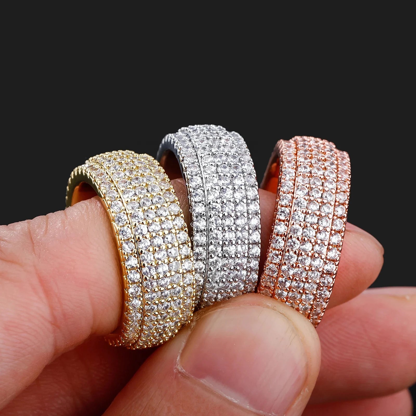 Hip Hop Zircon Wedding Jewelry Ring Men Women Fashion CZ Simple Trend Jewelry Five Rows Iced Out Shiny Cubic Zircon Rings Gifts