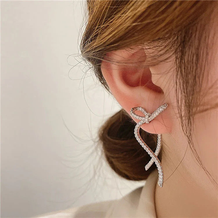 GT Bow Full Rhinestone S925 Needle Earrings Korean Style Trendy Geometric Front Back Stud Jewelry for Women Long Brass Jewelry