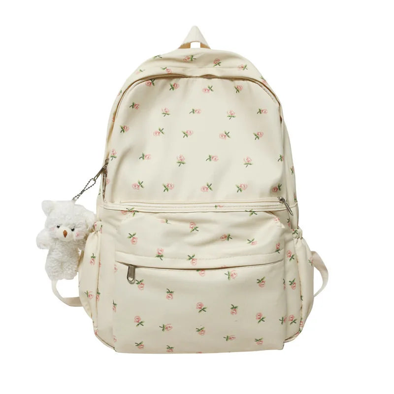Custom Girls Nylon Floral Backpack Teddy Pendant Waterproof Large Capacity School Zipper Pocket Laptop Backpack Bag for Women