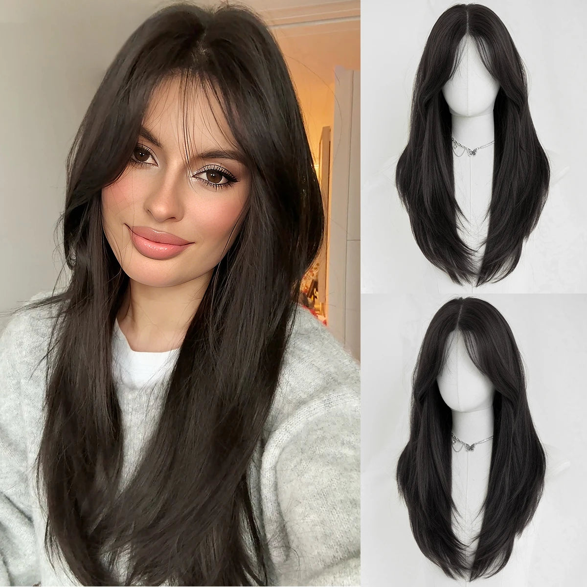 Monotop U Lace Long Straight Layered Wig for Women 26 Inches Friendly Heat Resistant Synthetic Black Wig Natural Hairline