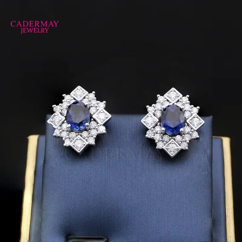 925 Sterling Silver Oval Sapphire Moissanite Stud Earrings 6x8mm Blue Synthetic Corundum Luxury Engagement Jewelry