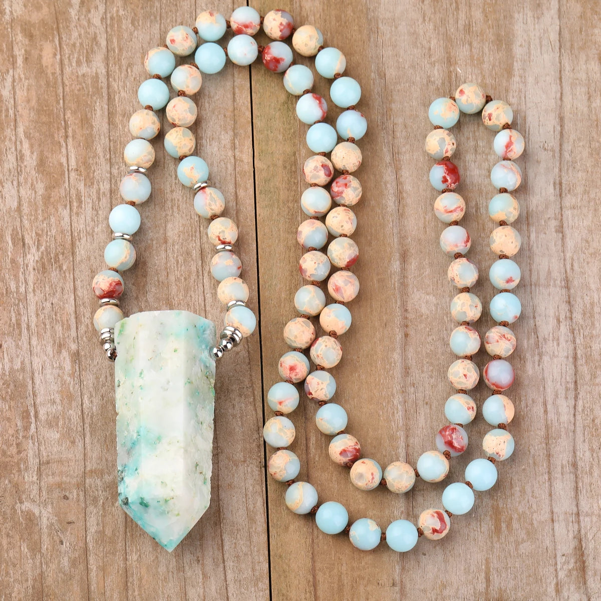 Newest Classic Gold Plated Mala Necklace Natural Shoushan Jasper Healing Chrysocolla Point Chakra Prayer Jewelry Unisex Gift