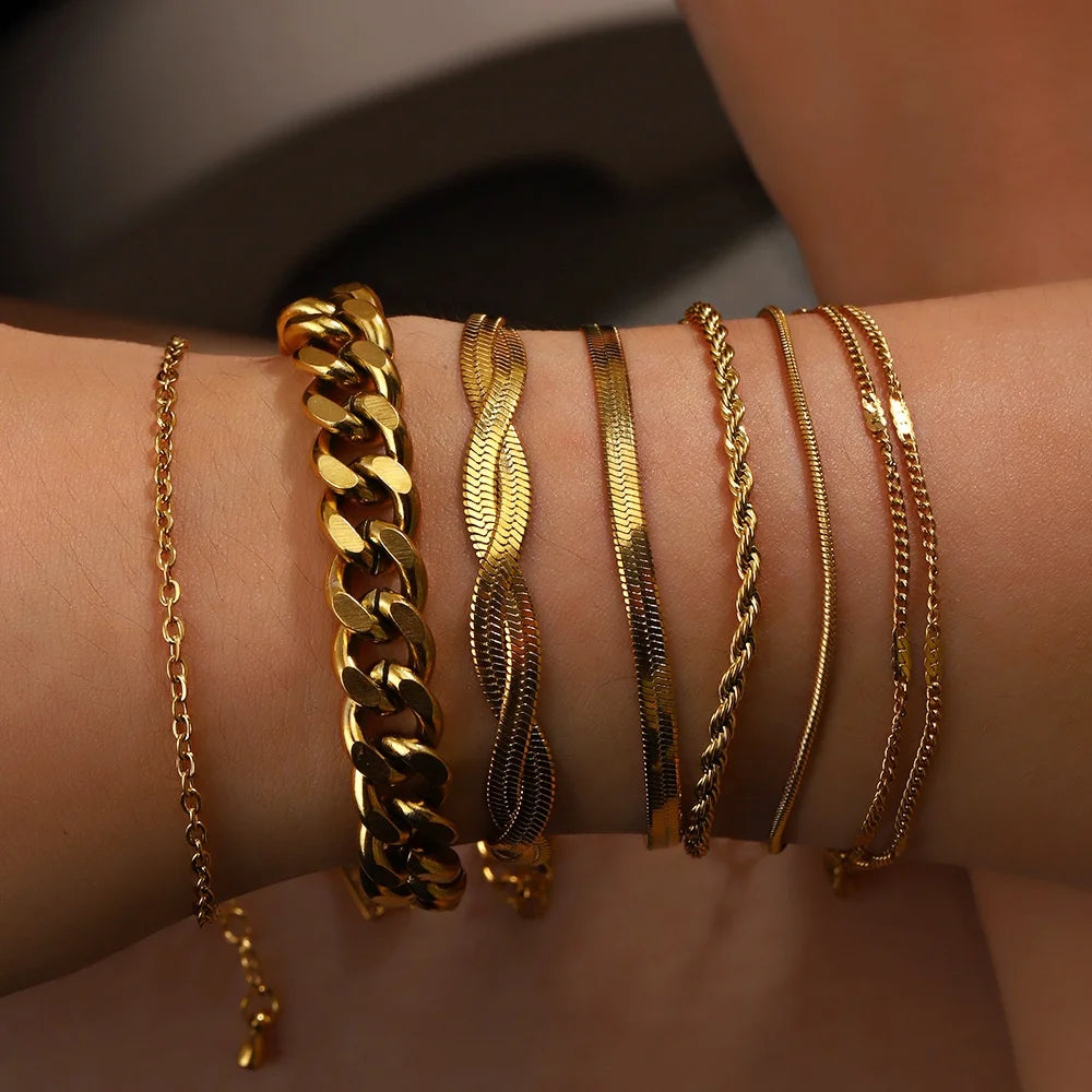 Ouj Wholesale Summer Women and Men Popular Jewelry Stainless Steel Gold Plated Various Type Bracelet for Wear