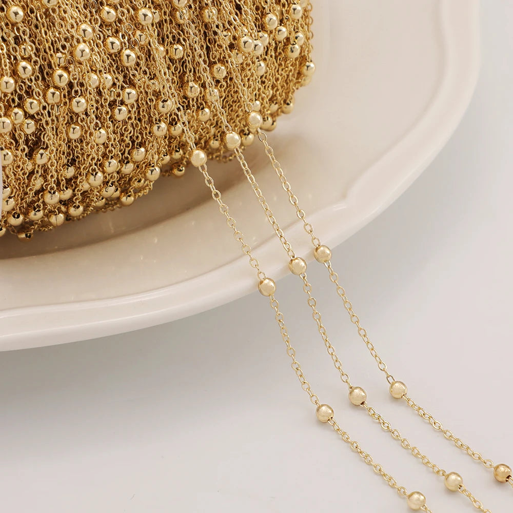 Brass 18k Gold Plated Won't Fade Chain for Jewelry Making Findings Figaro Chain With Golden Beads