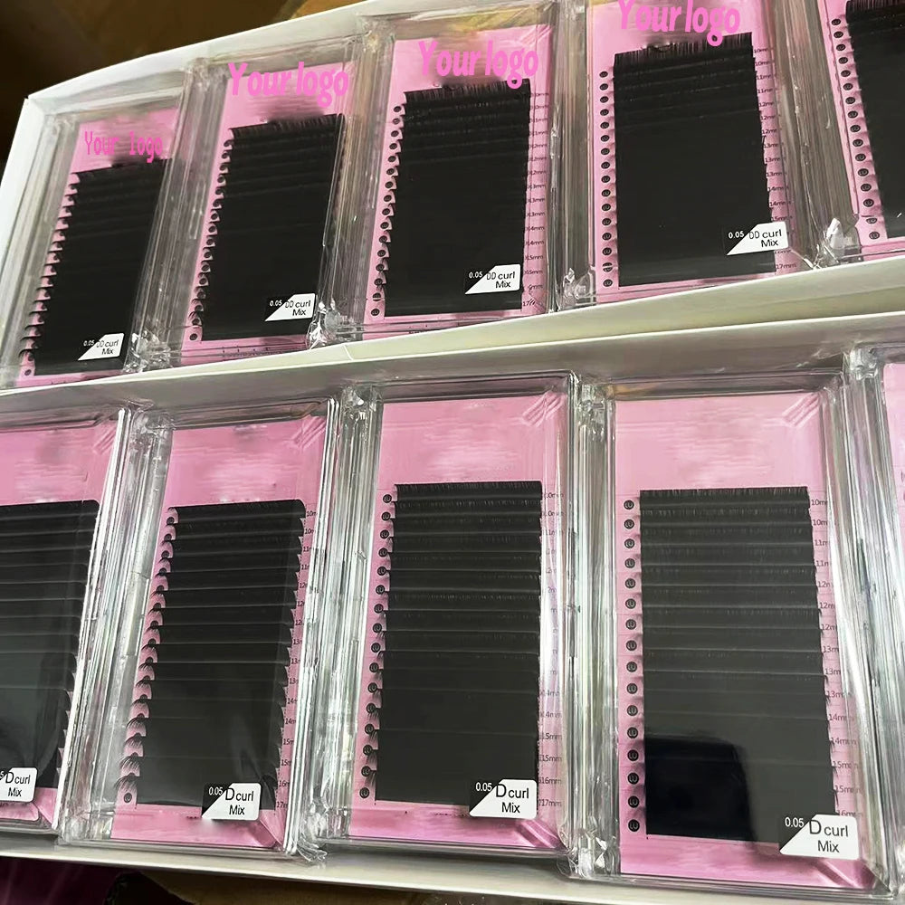 Custom Logo Velvet Eyelash Extensions Korean PBT Volume Lashes C CC D 0.03 0.05 Easy Make Fans Dark Matte Cashmere Lashes Trays