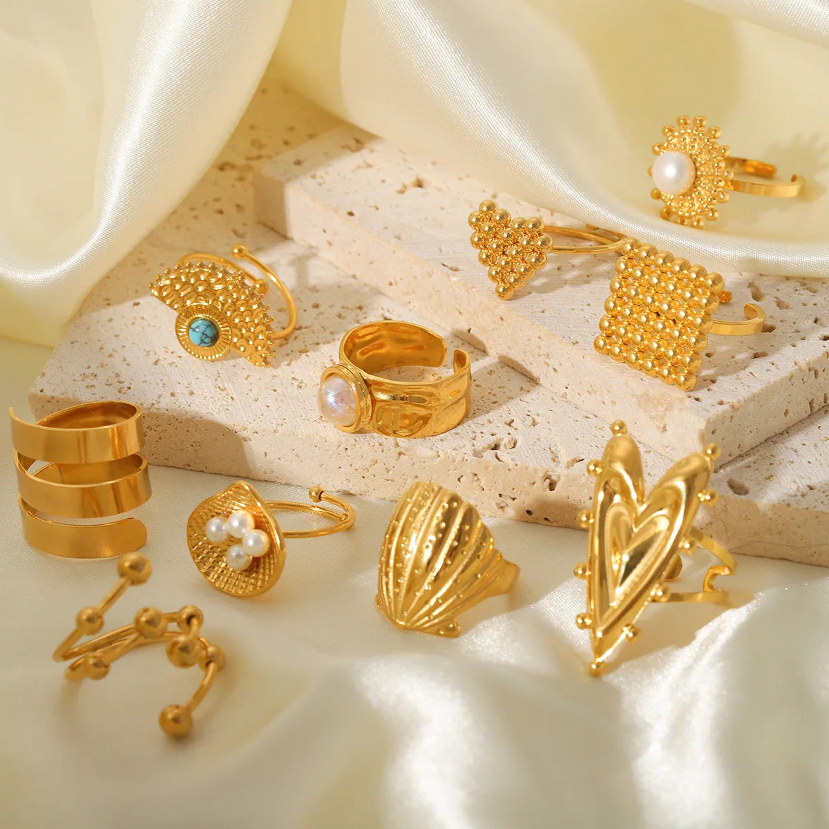 Trendy 18K PVD Gold Plated Advanced Jewelry Geometric Heart Shell Pearl Stainless Steel Open Ring Set