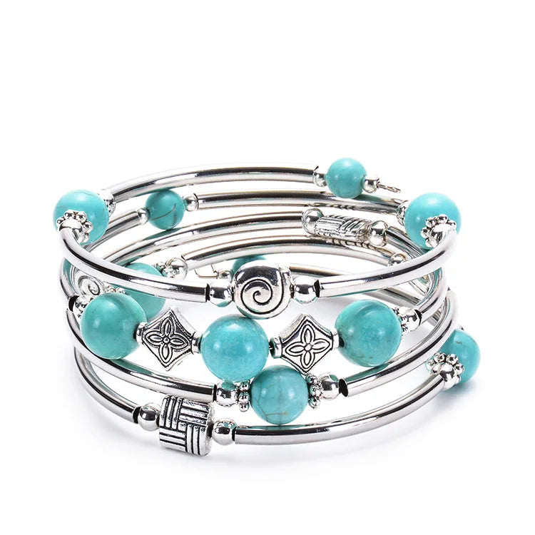 Beaded Bangle Wrap Bracelet Fashion Bohemian Jewelry Multilayer Charm Bracelet with Thick Silver Metal Beads Gift for Women