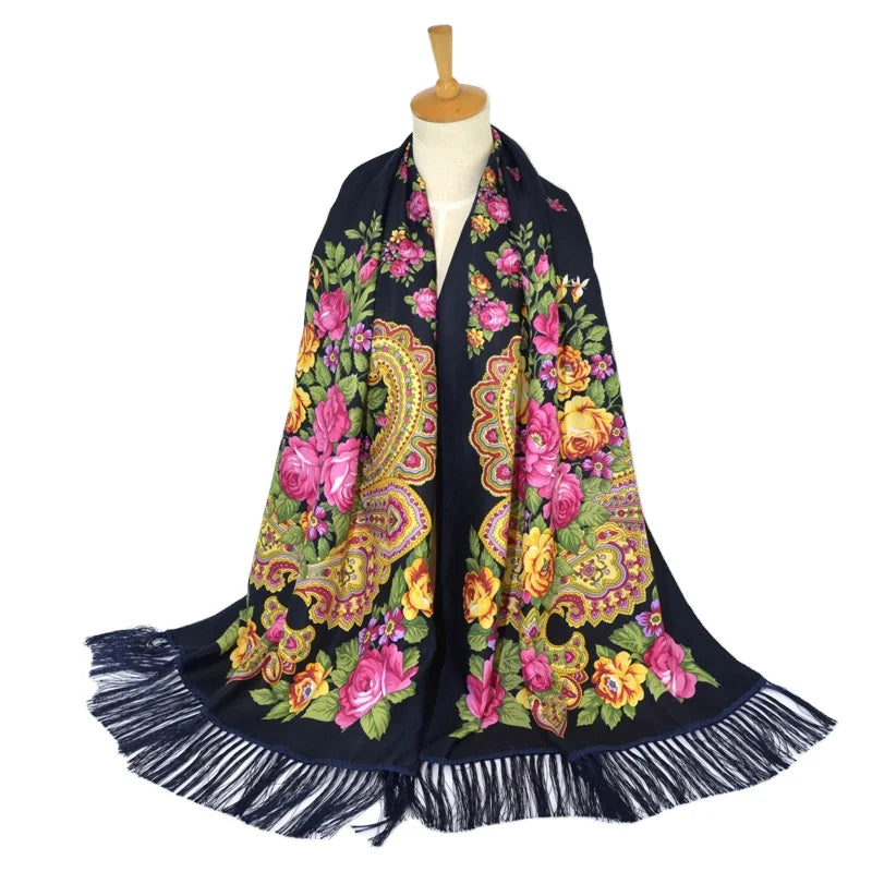 Women's Classic Oversized Floral Cashew Printed Cotton Polyester Long Multifunction Outdoor All Seasons Scarf