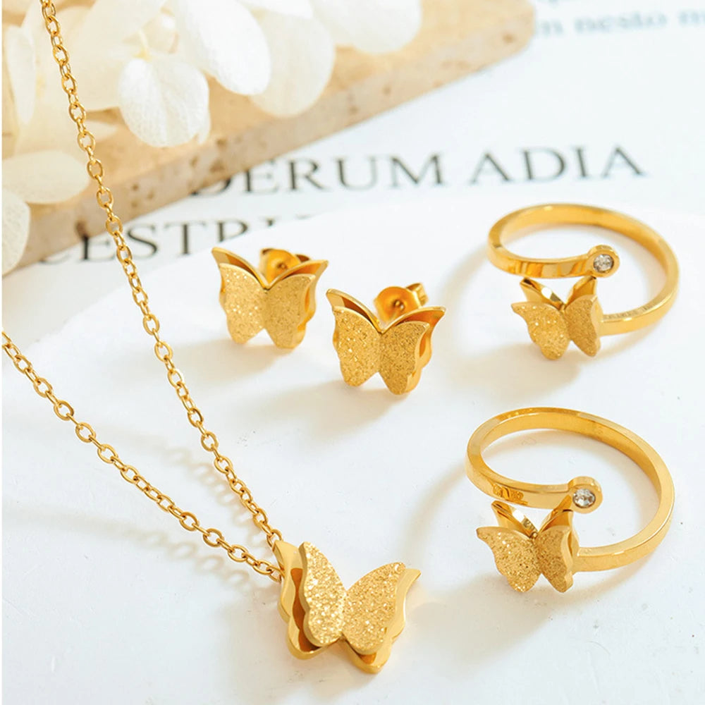 Stainless Steel 18K Gold Plated Geometric Frosted Butterfly Zircon Ring Earrings Pendant Necklace Jewelry for Women