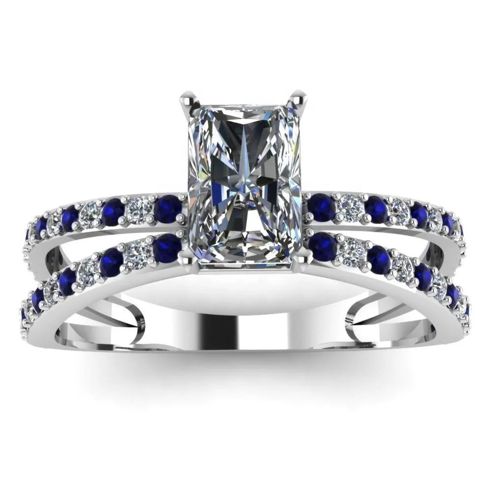 Radiant Cut CZ Engagement Ring S925 Sterling Silver Blue Sapphire Half Eternity Bridal Ring Women Jewelry