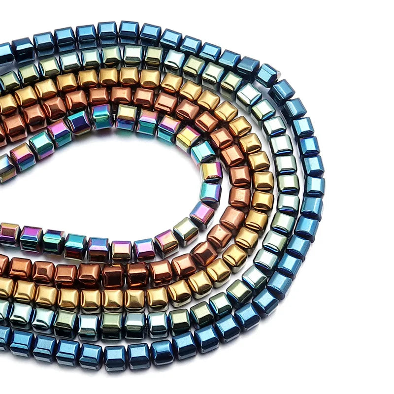 Natural Hematite Plated Square Cut Loose Beads Electroplate 4/6/8mm Blue Rose Golden Green Handmade DIY Jewelry Accessory Making