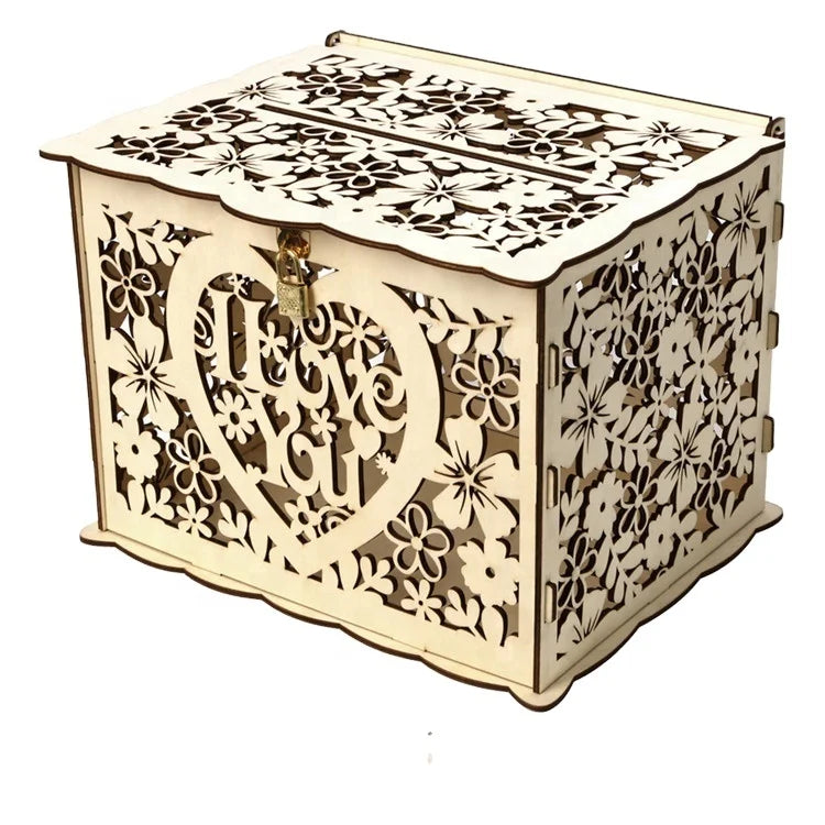 New Style DIY Wedding Card Box Gift Wood Money Box with Lock Beautiful Wedding Decoration for Birthday Party Storage Money