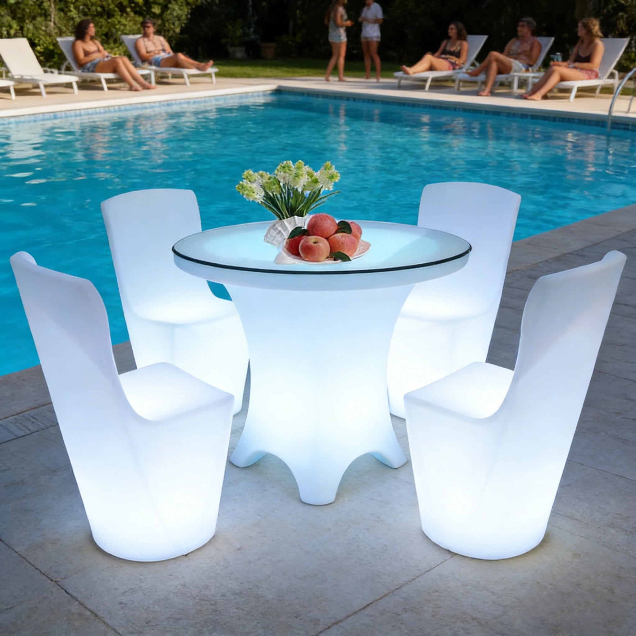 Modern Plastic Outdoor LED Lighted Bar Stool Table and 4 Chairs Sofa Set with Curved Bench-IP65 Waterproof