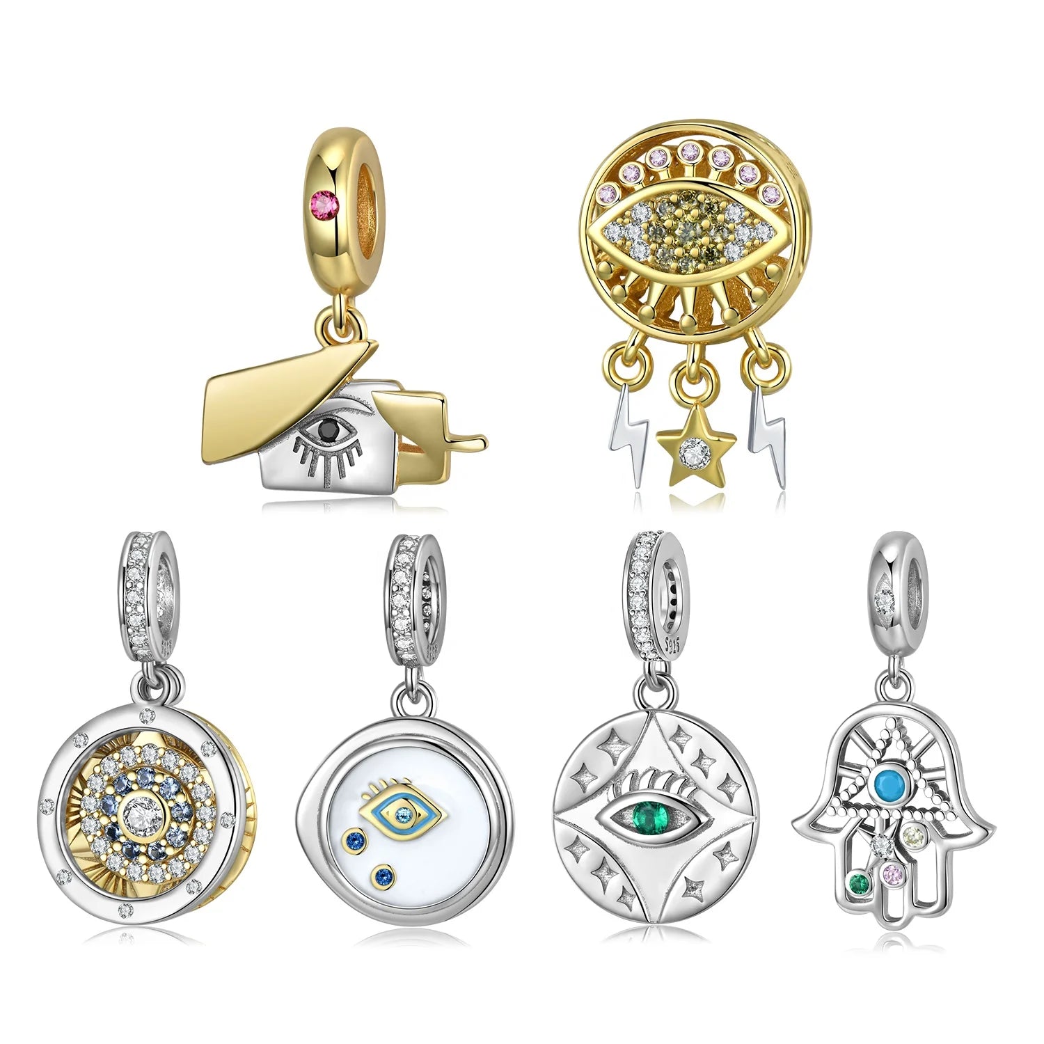 Devil's Eye Hand of Fatima Pendant with Zircon 925 Sterling Silver Fit Original Charm Beads Bracelet Wholesale Custom logo