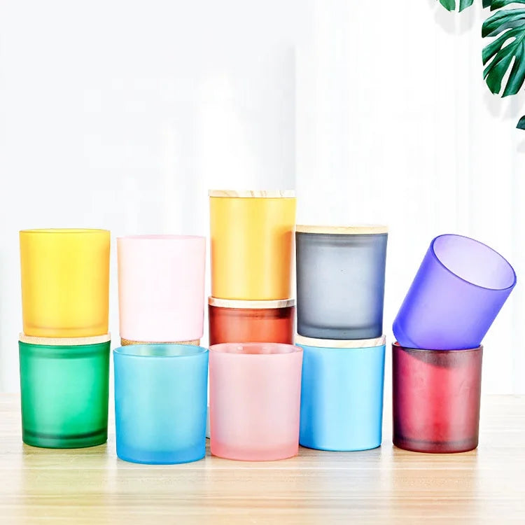 Hot Selling Empty Sprayed Colored Glass Candle Container Glass Candle Jars with Metal Bamboo Lids Colorful Candle Holder