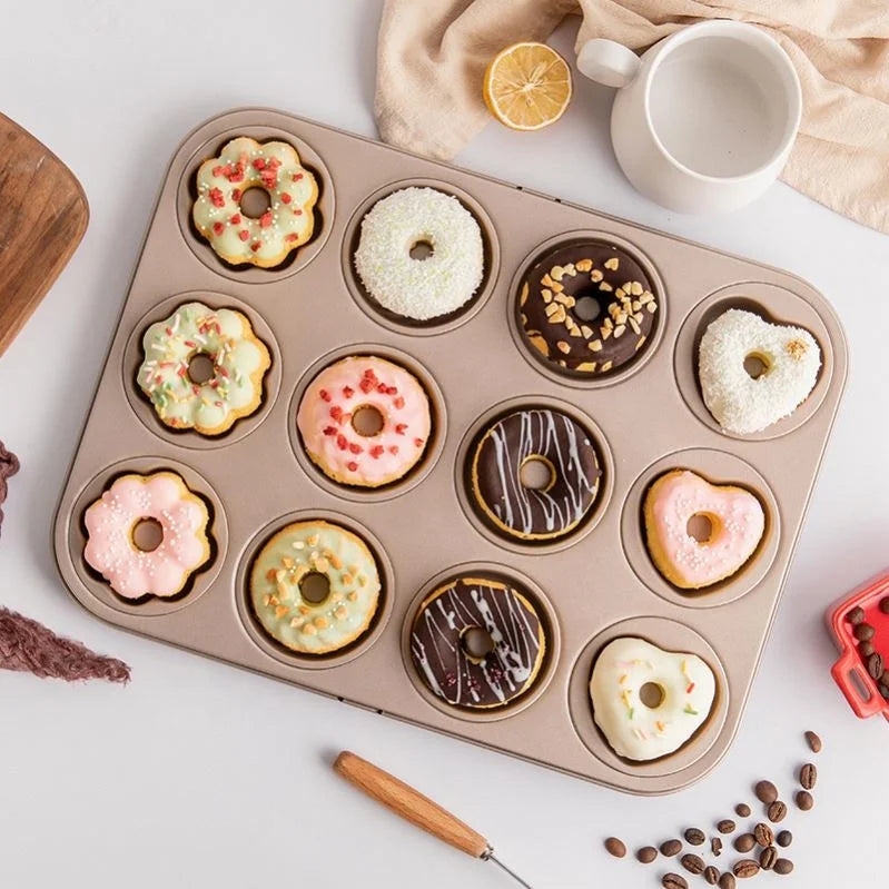 12-Cavity Non-Stick Ring Doughnut Bakeware for Oven Baking 4 Flower Shaped Donut Mold Cake Pan