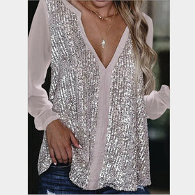 RNSHANGER Autumn Women Blouse Plus Size V Neck Casual Loose Sequin Ladies Shirt Top Fashion Long Sleeve Womens Blouses