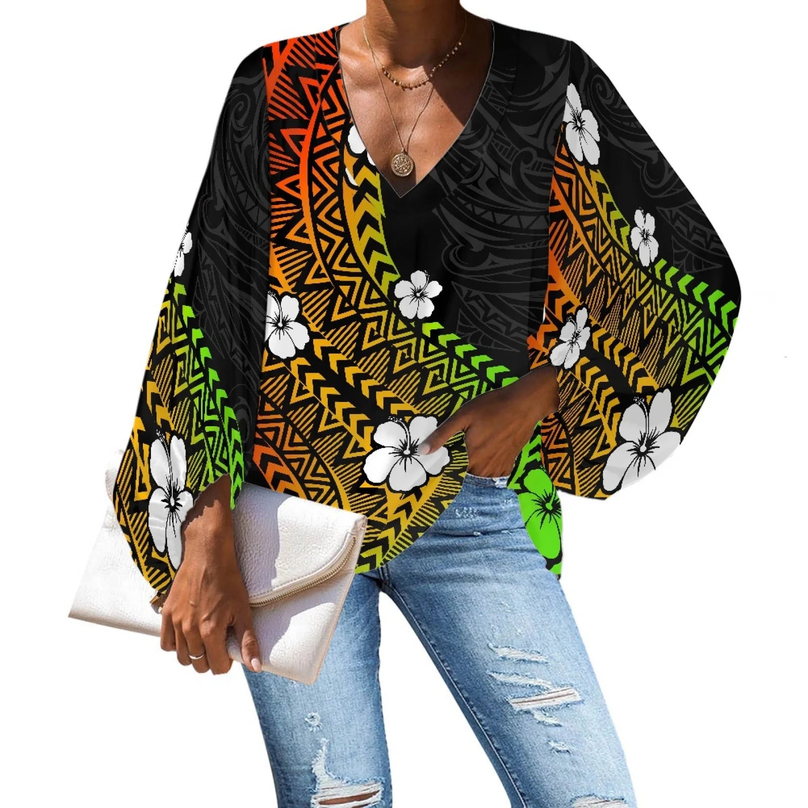 Polynesian Tribal Custom Clothing Women V-Neck Chiffon Shirts Breathable Quick Dry Casual Loose Tops Office Blouse for Women