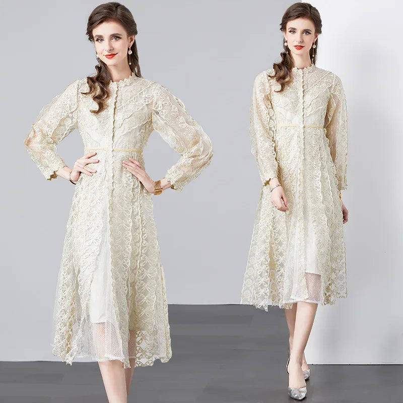 2023 Women's Spring New Embroidered Perspective Mesh Waist Closing Heavy Industry Dress