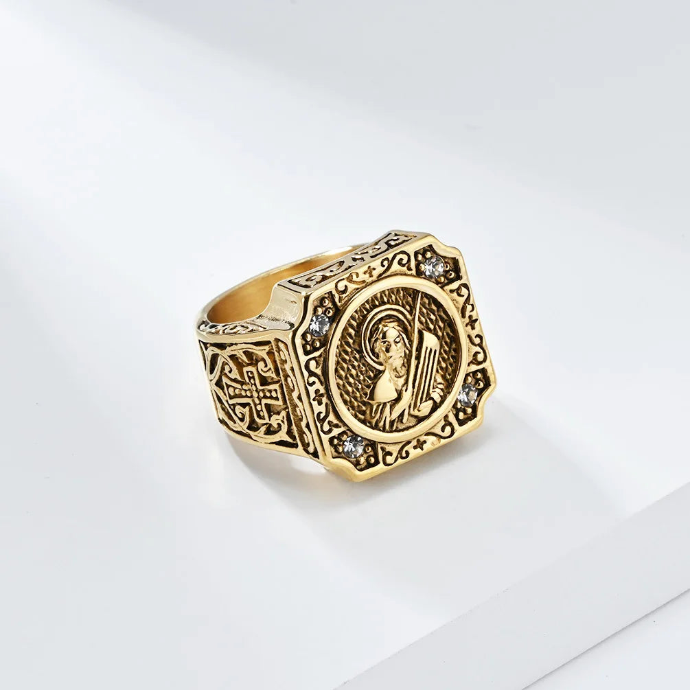 Trendy Chunky Personalized Rings Saint Men Stainless Steel 18k Gold Plated Saint Ring Vintage Wholesale