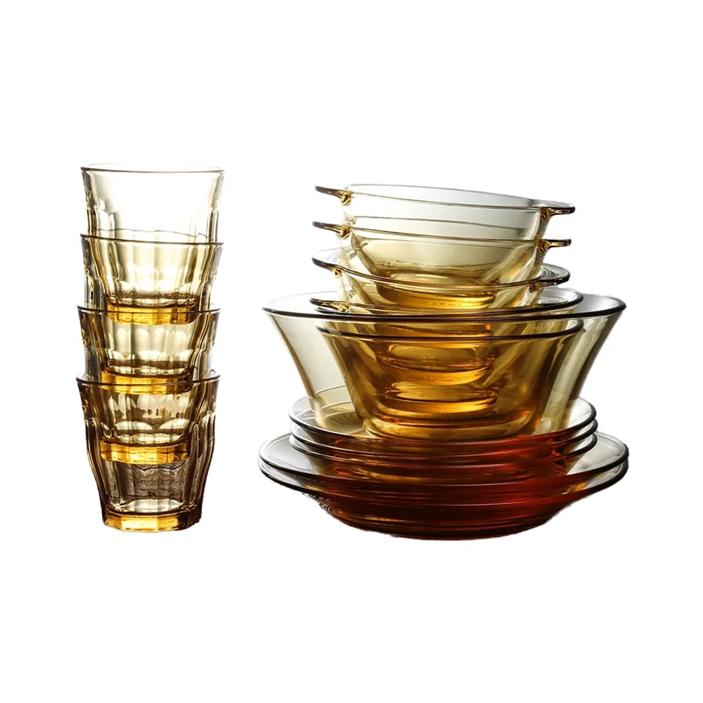 Hxglass High Borosilicate Glass Meal Bowl Disposable Amber Glass Wave Dot Design for Rice Fruit Salad Fish Plate Bowls