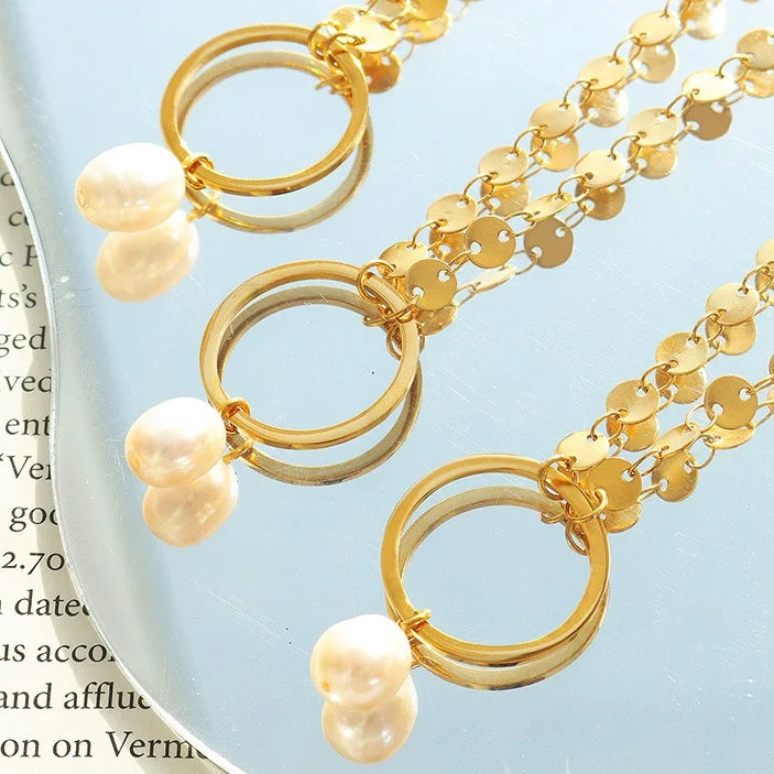 New Trend Disc Charms Choker Titanium Steel 18k Gold Plated Round Freshwater Pearl Pendant Necklace