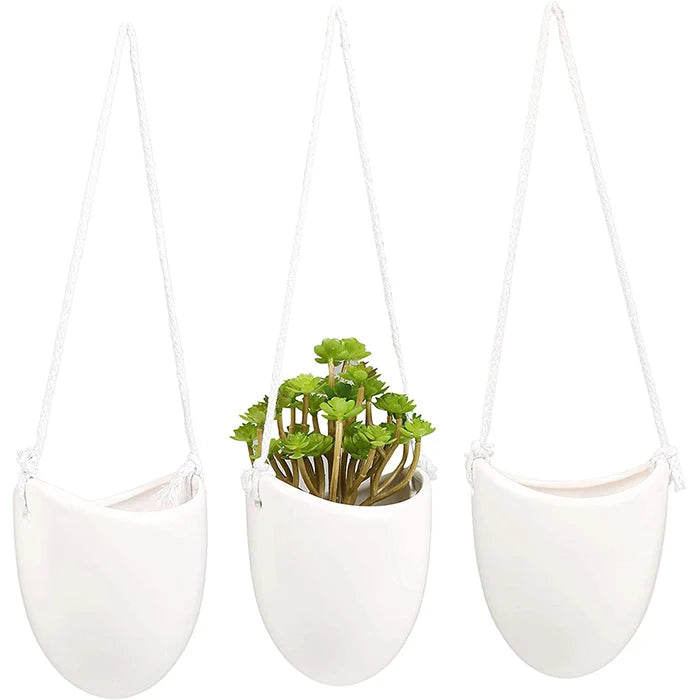 Modern Ceramic Hanging Planters or Succulent Plant Pots Set of 3 White
