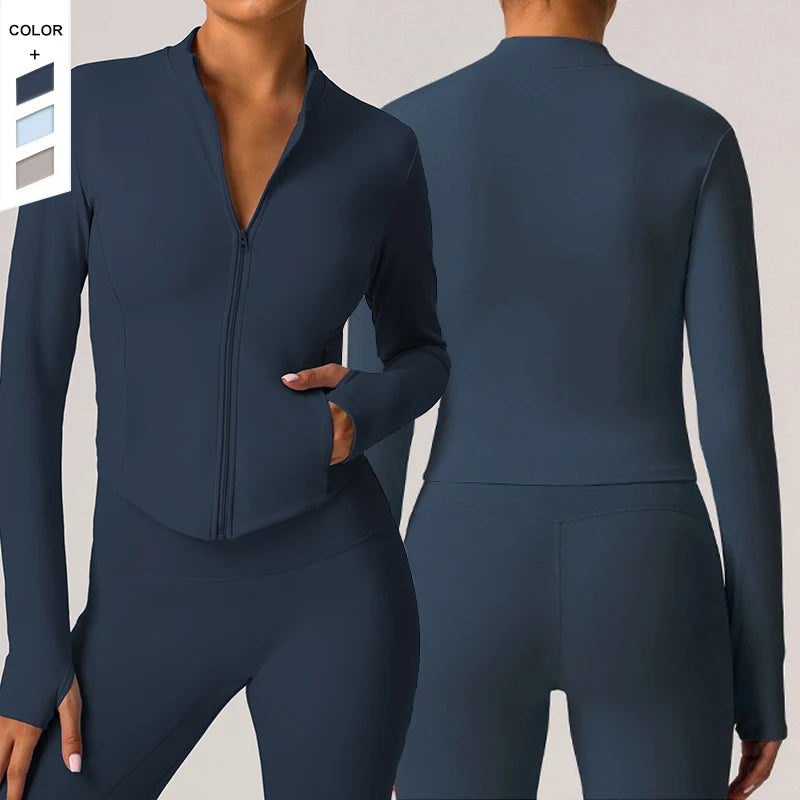 Autumn and Winter Solid Brushed Keep Warm Slim Double Pocket Zipper Gym Coat for Women Running Fitness Yoga Jacket