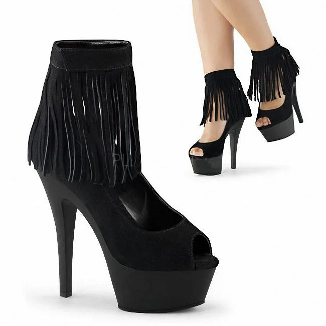 Exotic Dancer Boots Black Retro Suede punk 15cm thin heel platform tassel Peep Toe fashion Models short boots fashion high heels