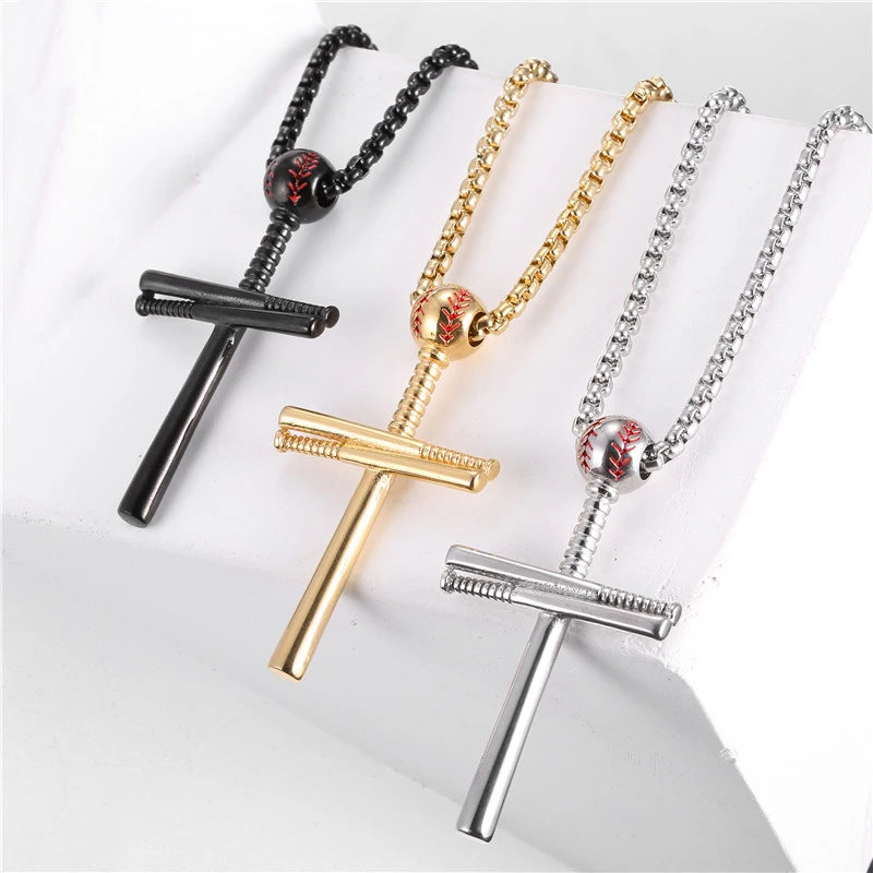 American Design Mens Religious Jewelry Stainless Steel Baseball Cross Pendant Necklace with Box Chains